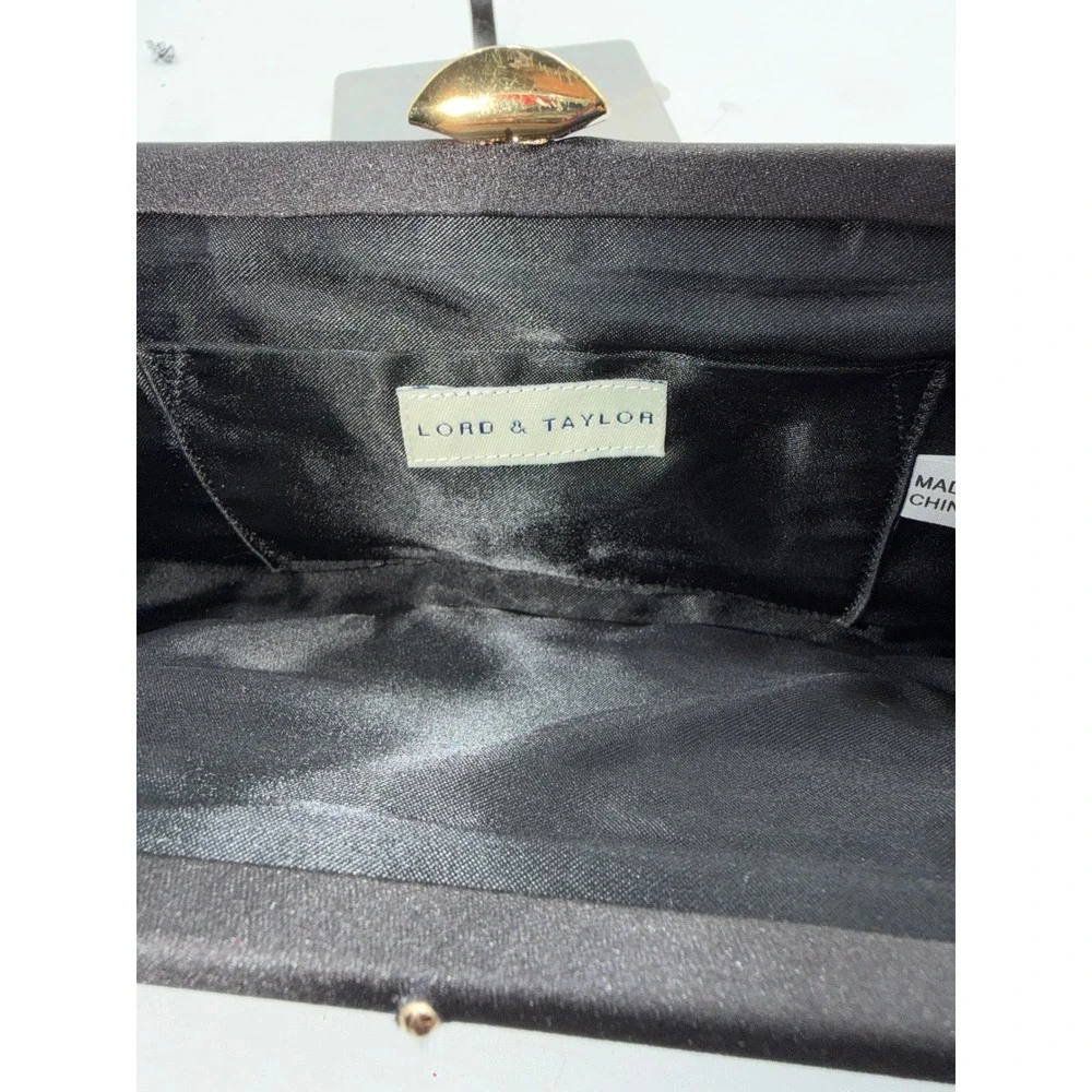 Lord & Taylor Black Satin Ruffle Evening Clutch Rhinestone Clasp Gold Chain Bag
